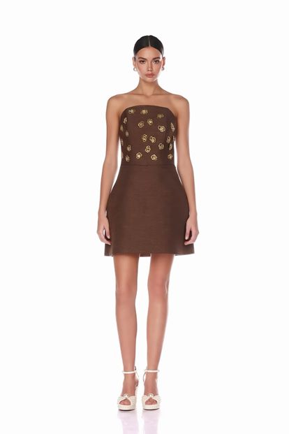 Robe de soirée mini bustier marron ornée de pierres